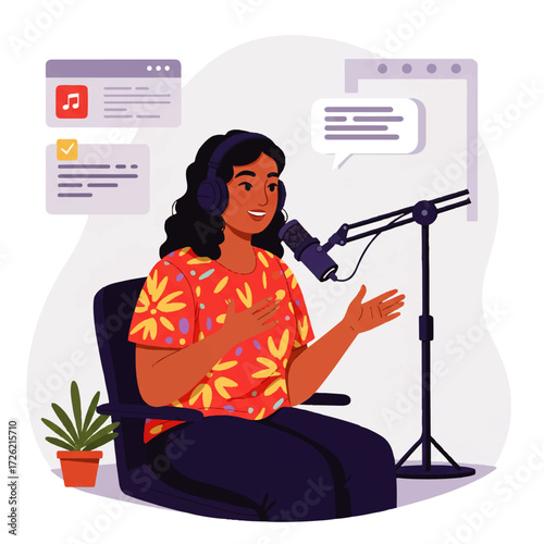 A woman with headphones sits in a chair, speaking into a microphone while recording a podcast with website windows in the background.
