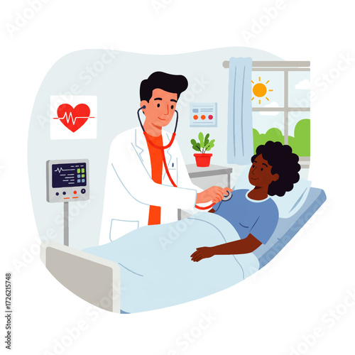 A doctor in a white coat uses a stethoscope to examine the chest of a Black female patient lying in a hospital bed.