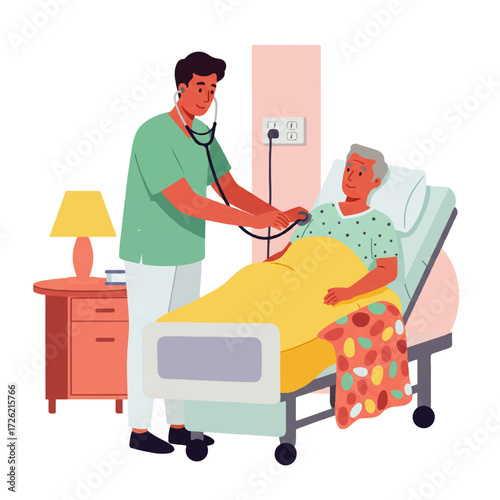 A male nurse is examining an elderly female patient lying in a hospital bed using a stethoscope. A bedside table with a lamp is visible.