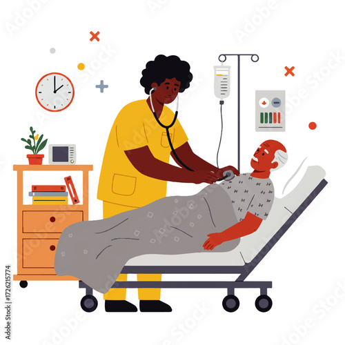A nurse with a stethoscope examines an elderly patient lying in a hospital bed, with an IV drip and bedside table nearby.