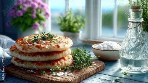 Stack of Golden Flatbreads with Fresh Herbs on Wooden Board by Window with Diffused Light and Sea View in Background Food Still Life