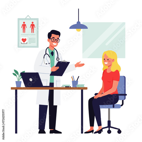 A doctor in a white coat explains a diagnosis to a blonde female patient sitting in a chair in a medical office.