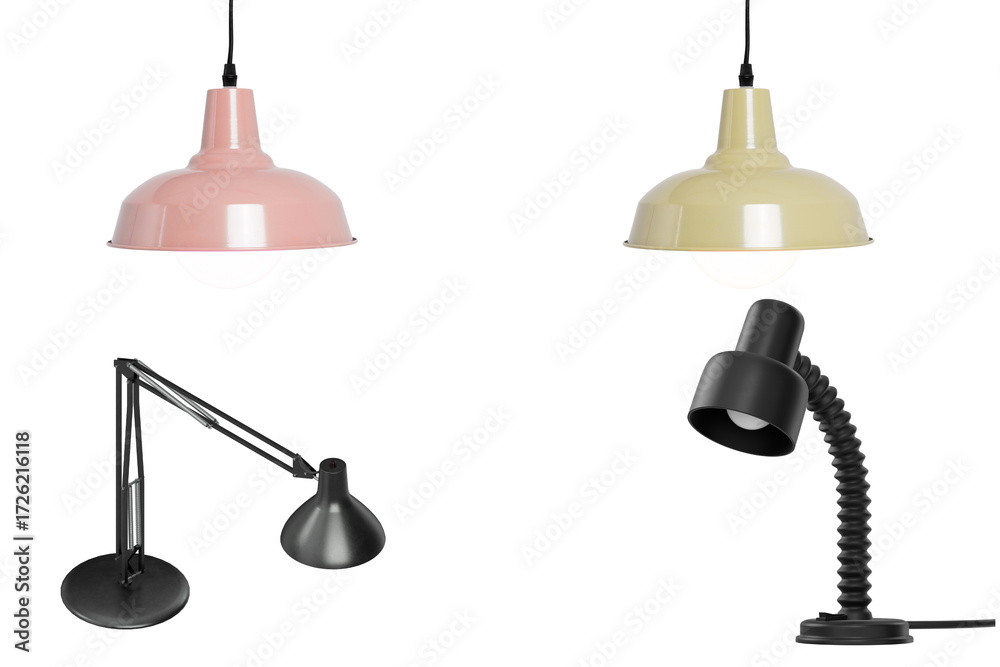 Obraz premium Assorted lamps and lighting fixtures, including modern hanging ceiling lamps in pastel colors and black desk lamps with adjustable arms, isolated on a clean background.