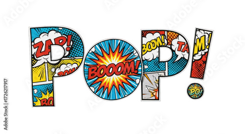 Comic Book Style POP Word Art with Explosions and Speech Bubbles.