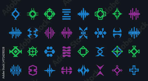 Abstract geometric shapes in vibrant colors create a visually appealing pattern on a dark background.