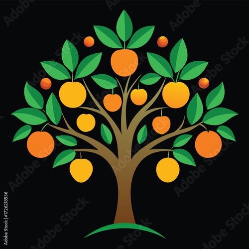 a stylized green tree with orange fruits and lush  (2).eps