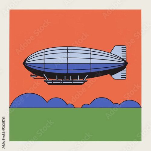 Colorful illustration of a zeppelin flying over a vibrant landscape with clouds