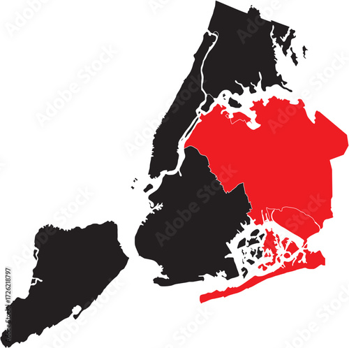 Queens Borough Highlighted on New York City Map Silhouette