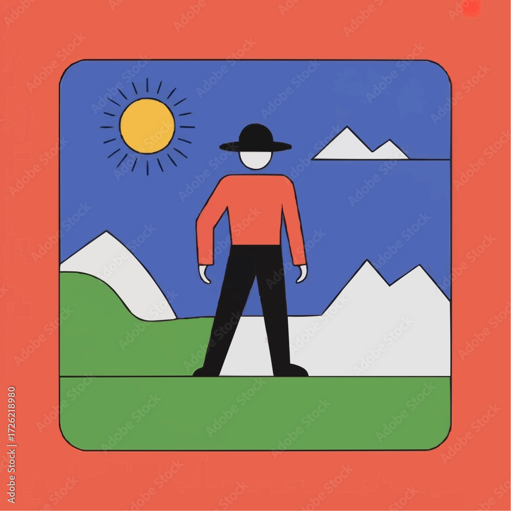 Fototapeta premium Minimalist illustration of a person standing in a landscape with mountains and sun