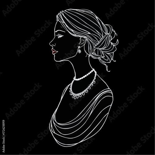 Elegant line art profile of a woman adorned with jewelry against a black background