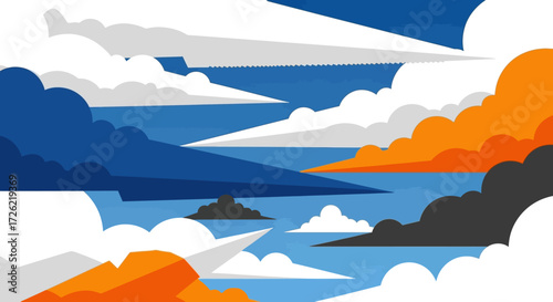 Abstract sky with colorful clouds and geometric shapes.