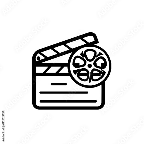 Movie production clapperboard and film reel icon for cinema industry and filmmaking vector illustration
