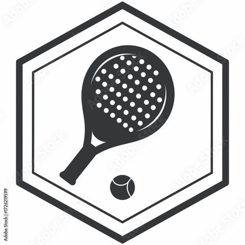 Padel Icon Black and White Illustration of a Racket and Ball in a Hexagon Frame
