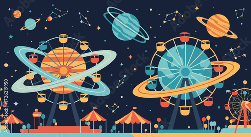 Amusement park rides with Ferris wheels and carousels.