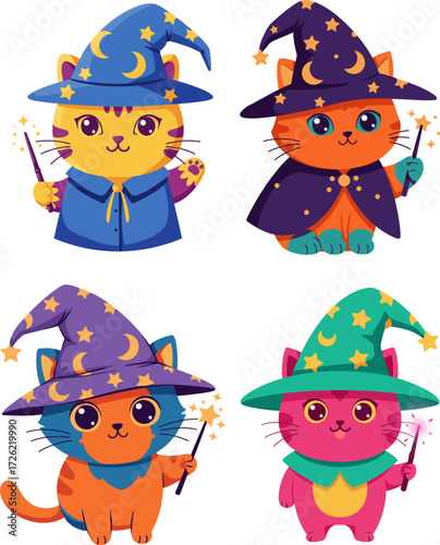 Wizard Cat Avatar – Flat Design Magical Cartoon Cat Character Vector