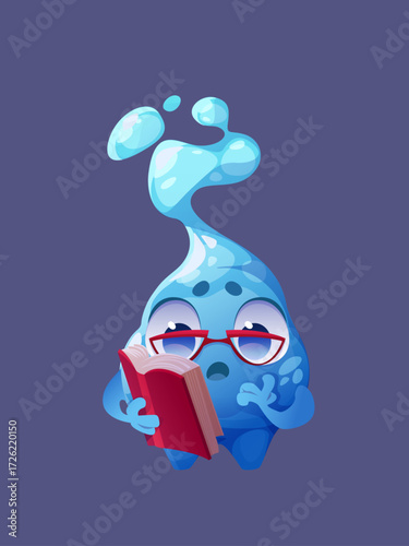 Whimsical Water Blob Character Engrossed in a Book on Blue Background