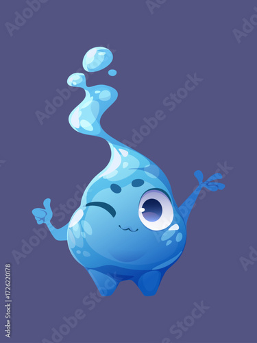 Whimsical blue water blob character illustration winking with a cheerful thumbs up gesture