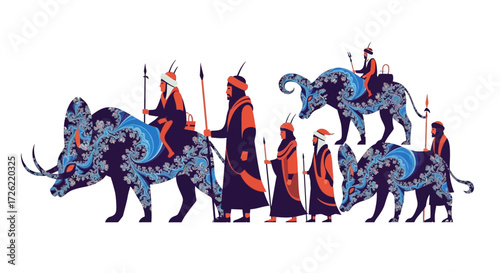 Ancient procession with warriors riding decorated beasts and walking figures.