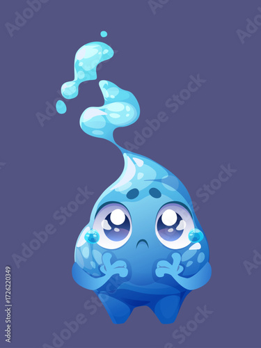Adorable Blue Cartoon Water Creature with Big Eyes and a Melancholy Expression