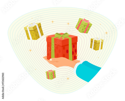 Loyalty program concept. Hand giving gift box with ribbon.