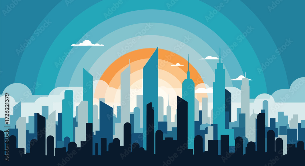 Fototapeta premium City skyline silhouette at sunset with skyscrapers and buildings.