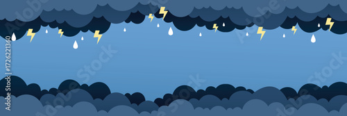 Vector dark cloudy sky with lightning cartoon style banner