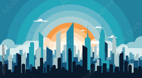 City skyline silhouette at sunset with skyscrapers and buildings.