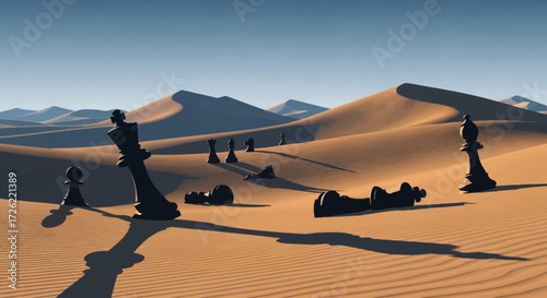 Chess pieces scattered across a vast desert landscape.