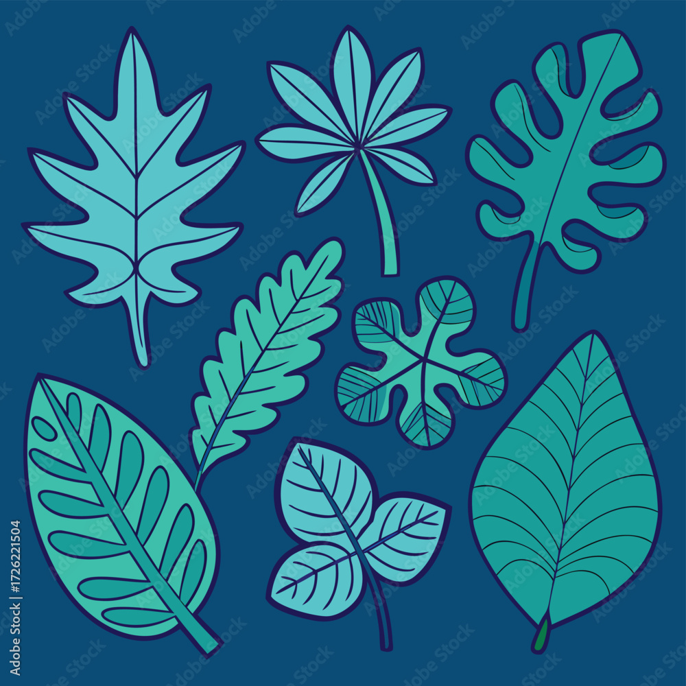Fototapeta premium a collection of teal leaves in various shapes on a.eps