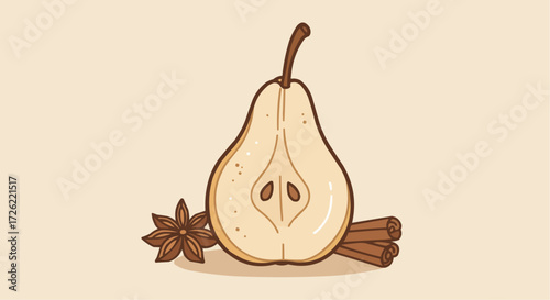 Illustration of a sliced pear with cinnamon sticks and star anise on light background