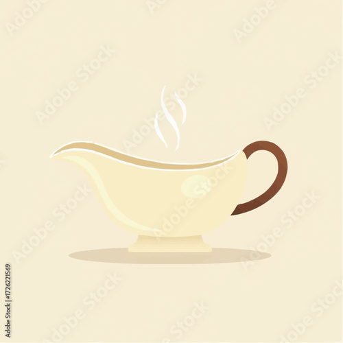Illustration of a gravy boat with steam rising on light background
