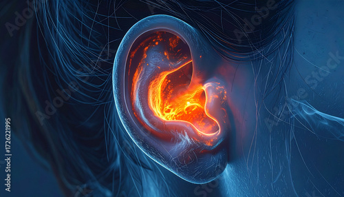 Medical Illustration of Otitis Media, the Inflammation of the Inner Ear, Detailed Ear Pain, Illustration of Acute Otitis Media Symptoms