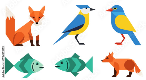 Collection of stylized animals including foxes, birds, and fish in a flat design style.