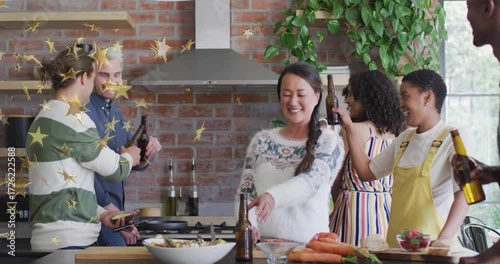 Friends lifting beers for food toast summoning star confetti tapping smartphone grabbing carrot