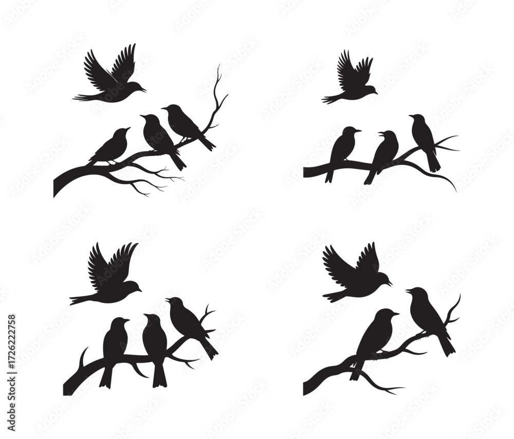 Obraz premium Bird silhouettes flying and perched on branches, vector illustration set