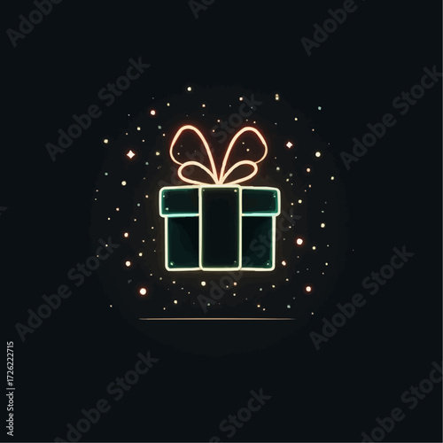 Glowing gift box with ribbon against dark background adorned with sparkles