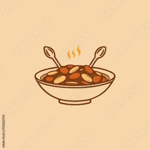 Bowl of steaming beans with two spoons on light background for cooking or serving