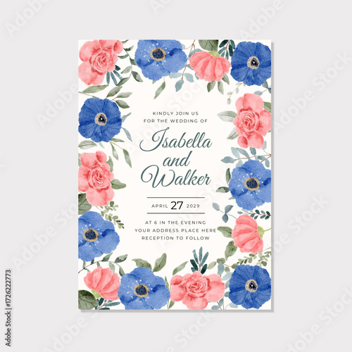 invitation card with pink blue floral watercolor