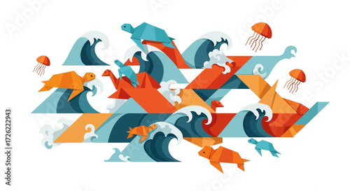 Colorful ocean waves and sea creatures swimming in the water.