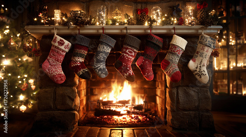 Cozy fireplace with festive stockings during a holiday evening