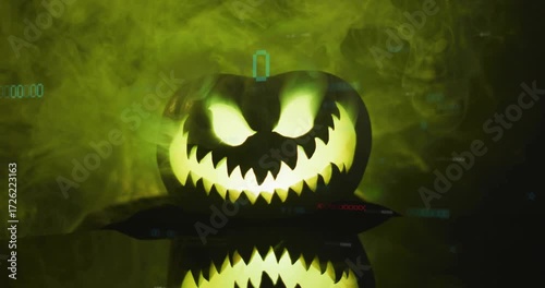 On opening carved pumpkin pulsing green glow, drifting smoke and flickering codes for Halloween