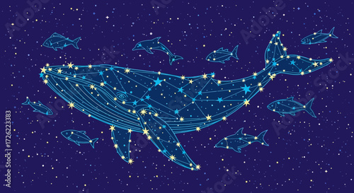 Constellation Whale Surrounded by Fish in a Starry Night Sky.