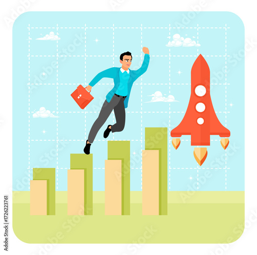 Rising up and improvement concept. Businessman Leaping Over Growth Bars Toward Rocket Launch.