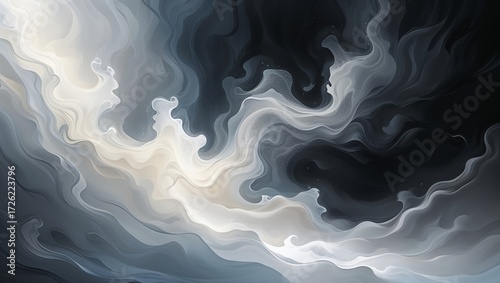 Abstract Swirling Gray and White Liquid Marble Texture Background, Modern Art Design