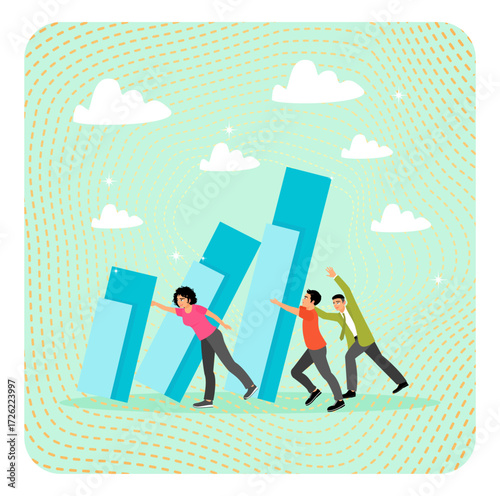 Teamwork to solve problem concept. Teamwork effort help stop crisis with stop domino falling.