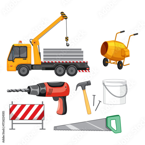 Collection of construction equipment and tools, including a crane truck, cement mixer, drill, hammer, saw, and bucket