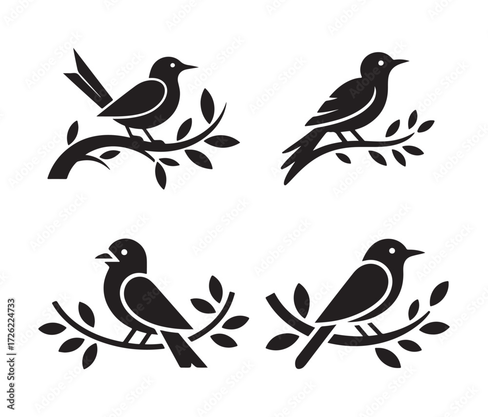 Fototapeta premium Bird silhouettes on branches, vector illustration set