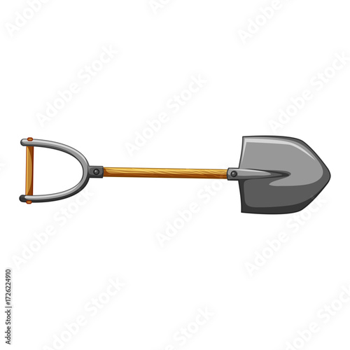 Vibrant cartoon illustration of a sturdy garden shovel with a classic D-handle design, perfect for digging and planting tasks