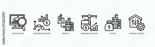 Corporate Dynamics Icon Set Isolated Vector Illustration Concept With Icon Of Data Analysis, Economic Indicator, Merger, Business Valuation, Capital, Internal Control,  In Outline Style