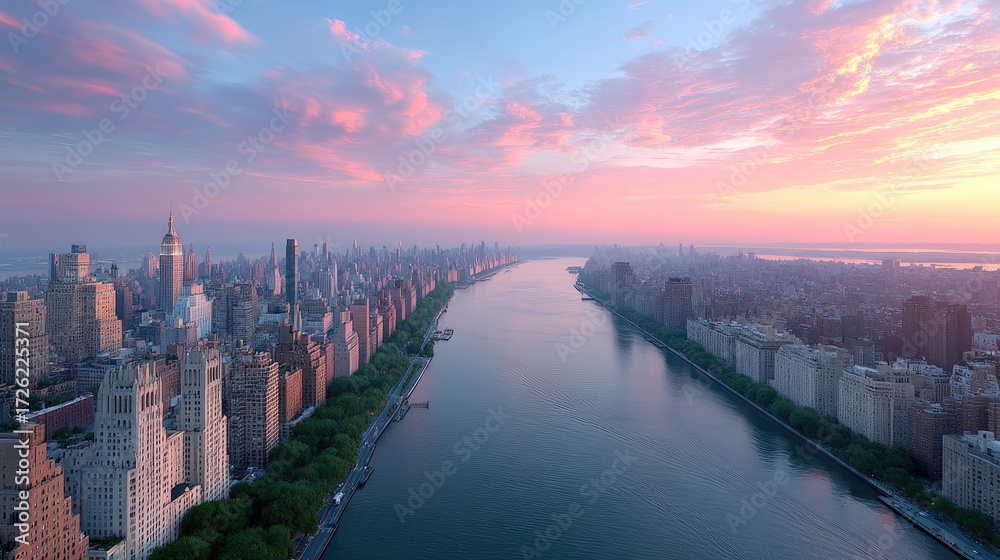 Fototapeta premium Aerial View of New York City Skyline at Sunset with Pink Hues Reflecting on River Water